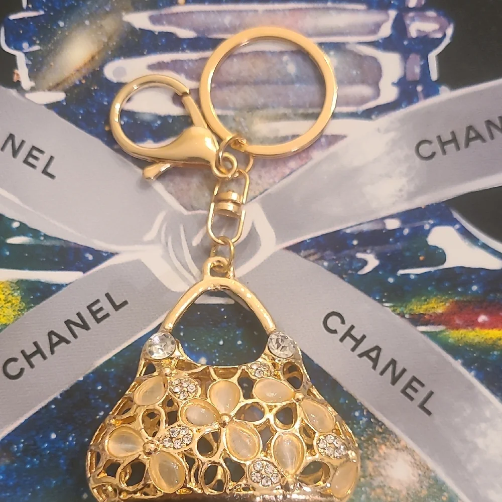 Gold and Crystal Bag Charm Keychain